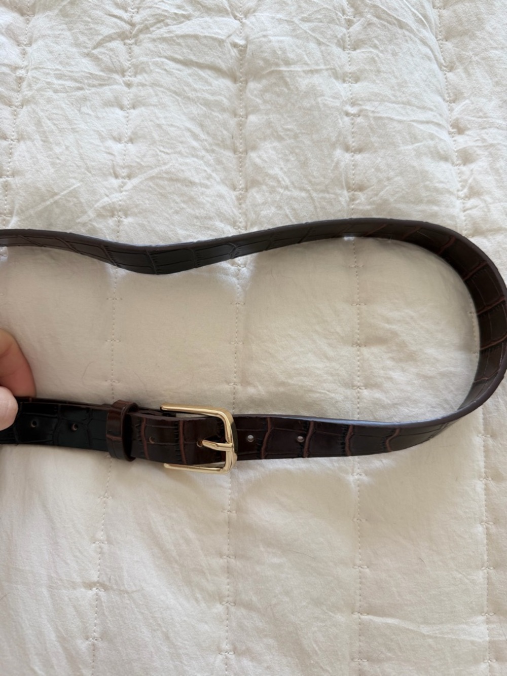 Source Unknown Brown Croc-Embossed Leather Belt with Gold Buckle
